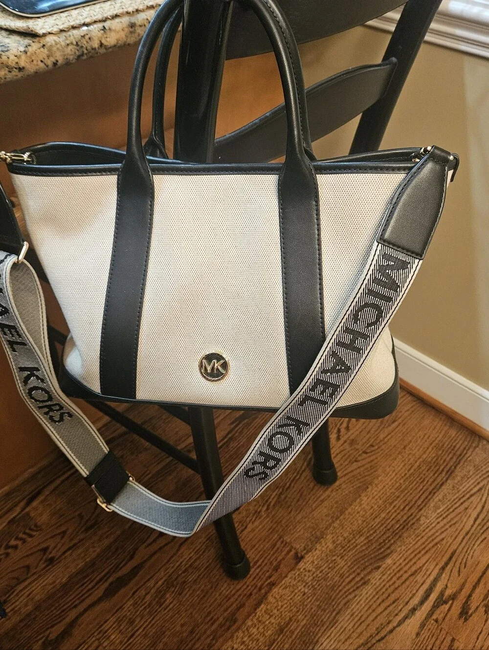 Michael Kors Beige Canvas Tote with Black Trim and MK Logo